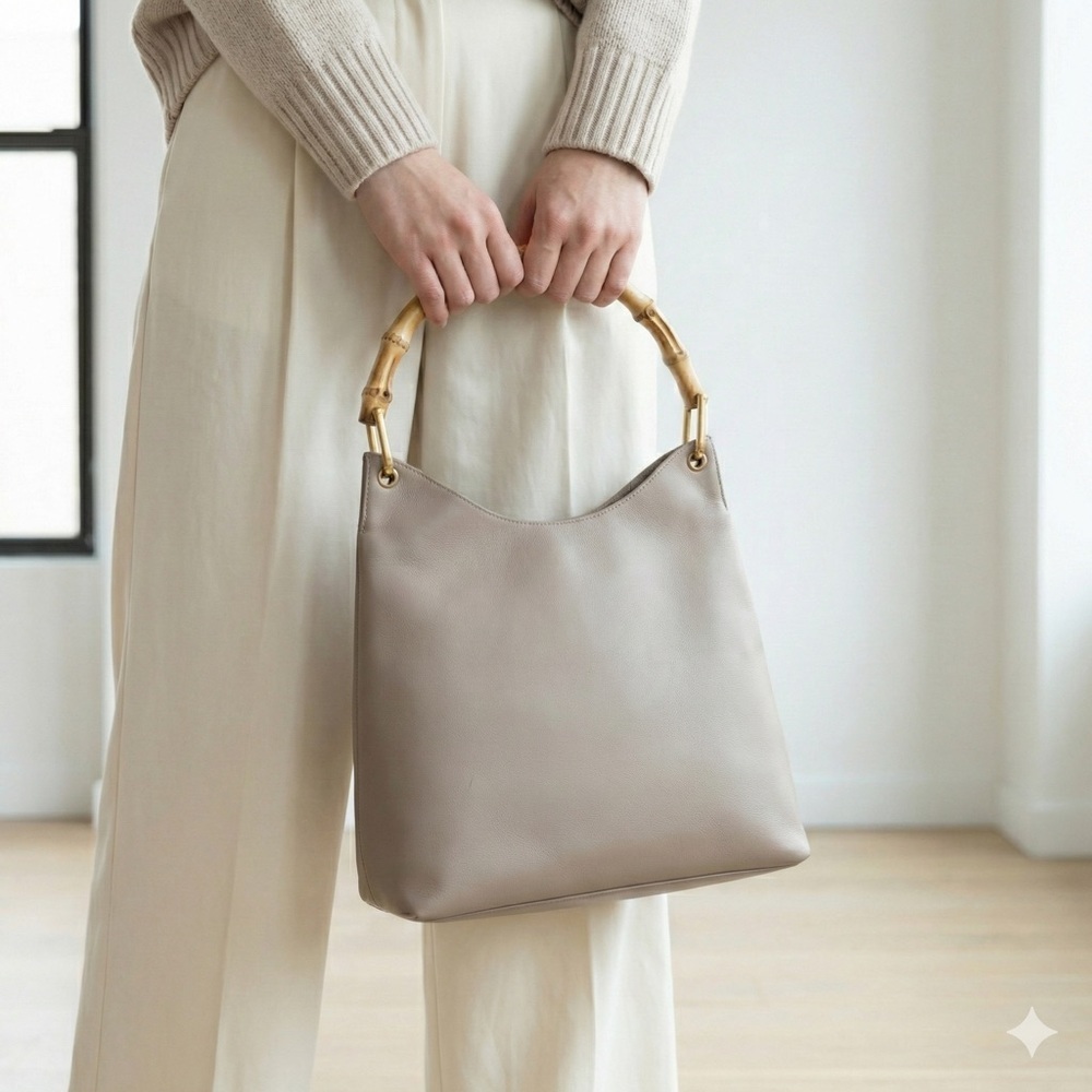 Vintage Gucci taupe grey leather bamboo handle tote bag with matching pouch